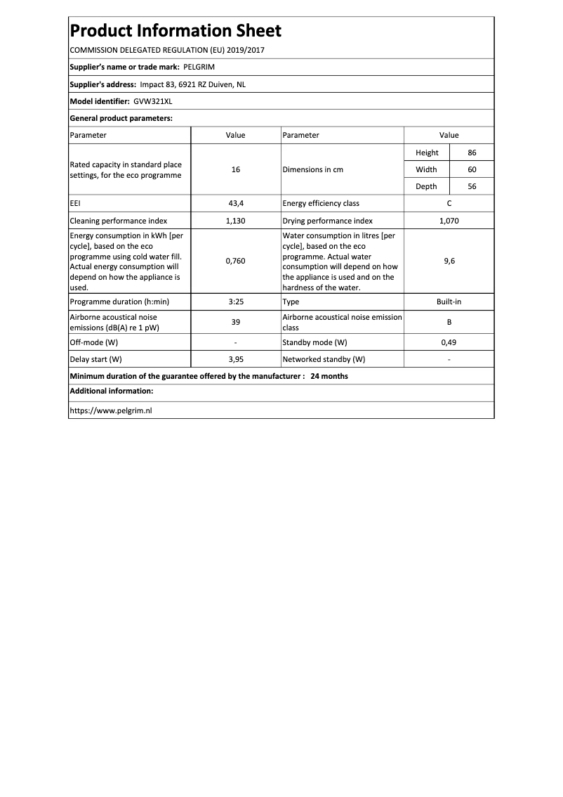 Page n°1 - Fiche technique Pelgrim GVW321XL