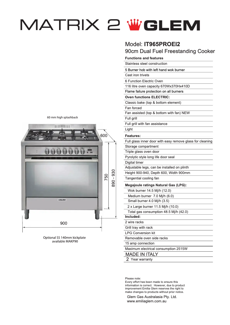 Page 1 de la notice Fiche technique Glem Gas IT965PROEI2