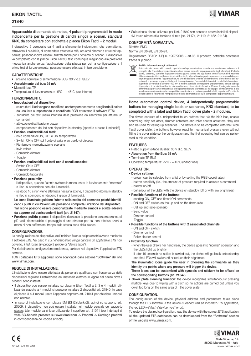 Page 1 de la notice Instructions / montage Vimar 21840