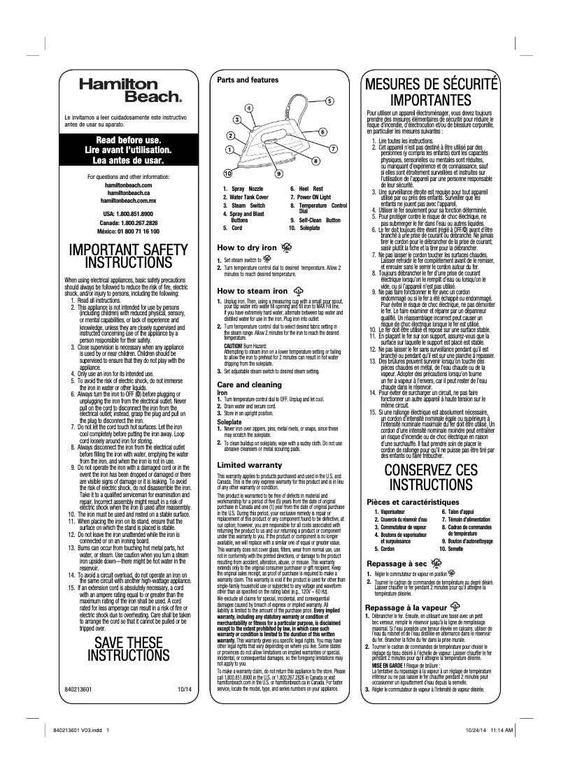 Page n°1 - Manuel utilisateur Hamilton Beach QuickGlide 14353