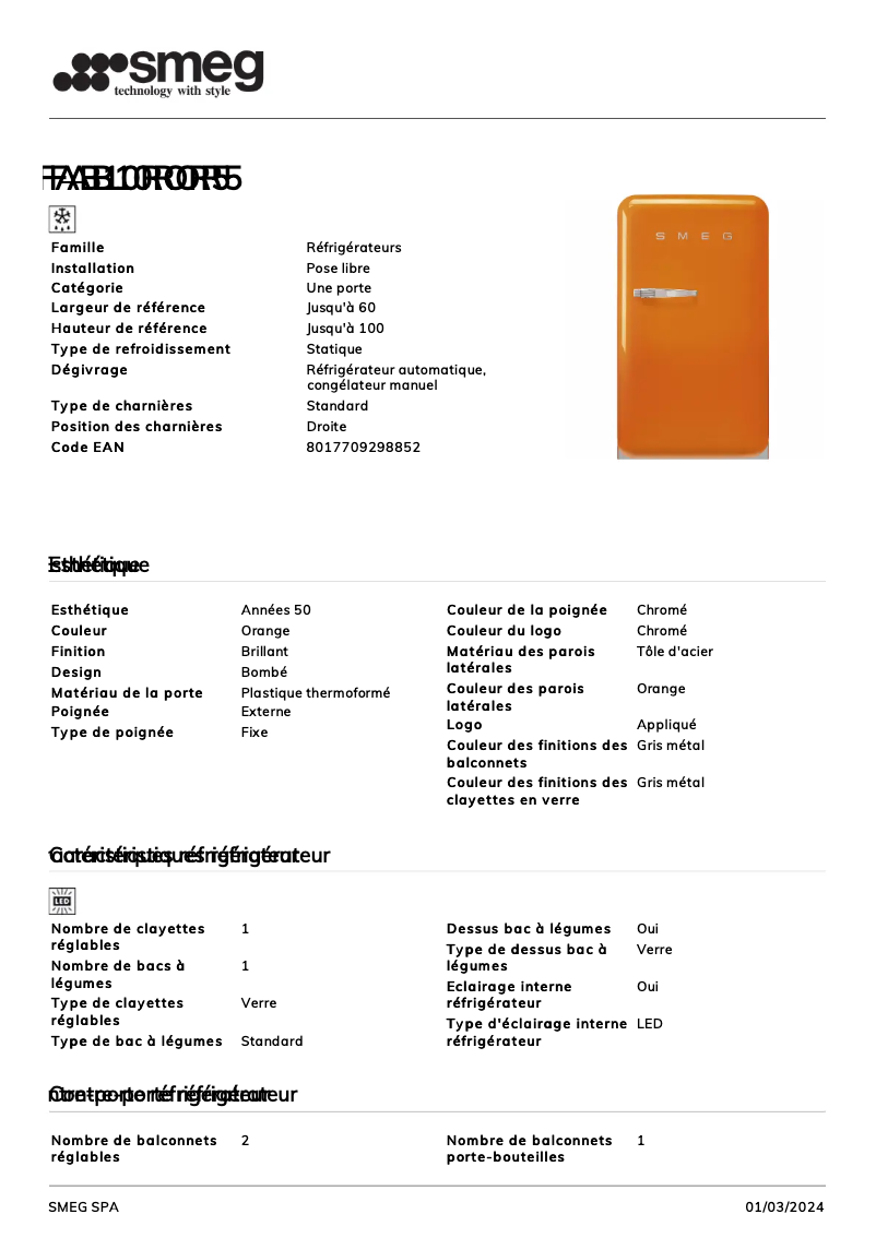 Page n°1 - Fiche technique Smeg FAB10ROR5