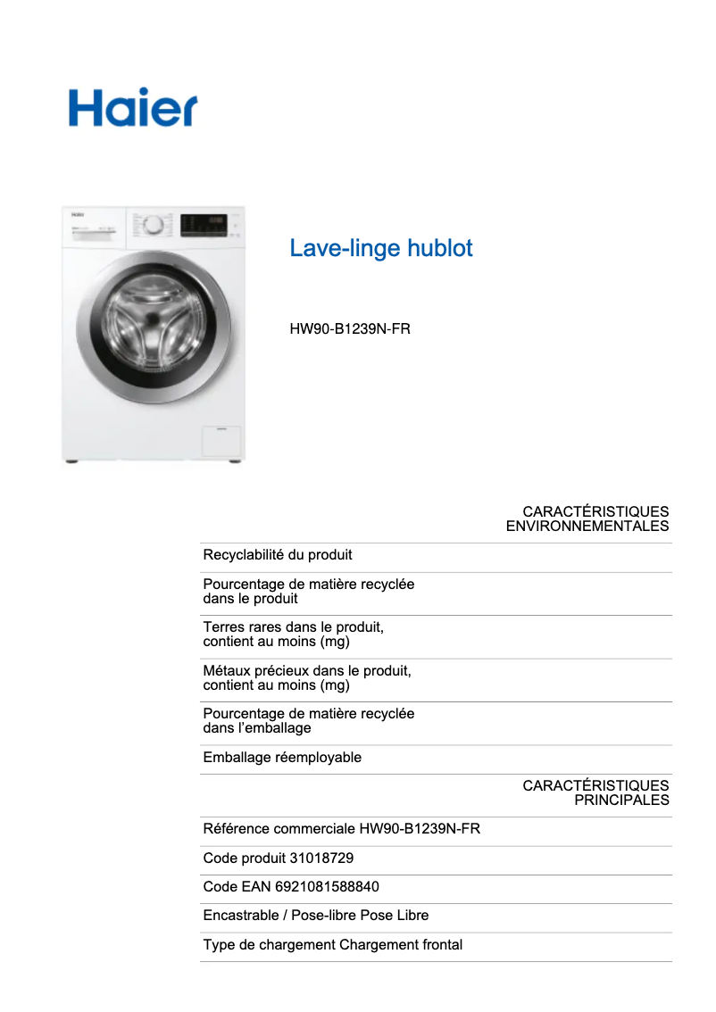 Image de la première page du manuel de l'appareil HW90-B1239N