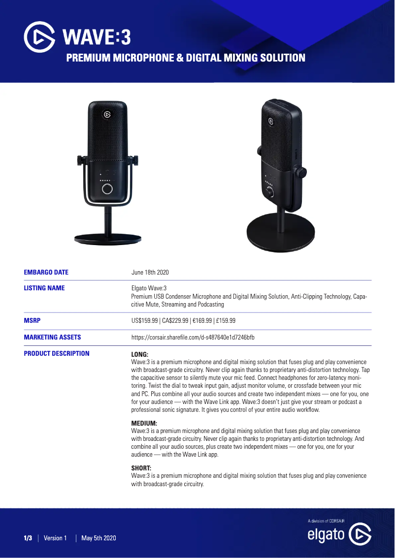 Page 1 de la notice Manuel utilisateur Elgato Wave:3