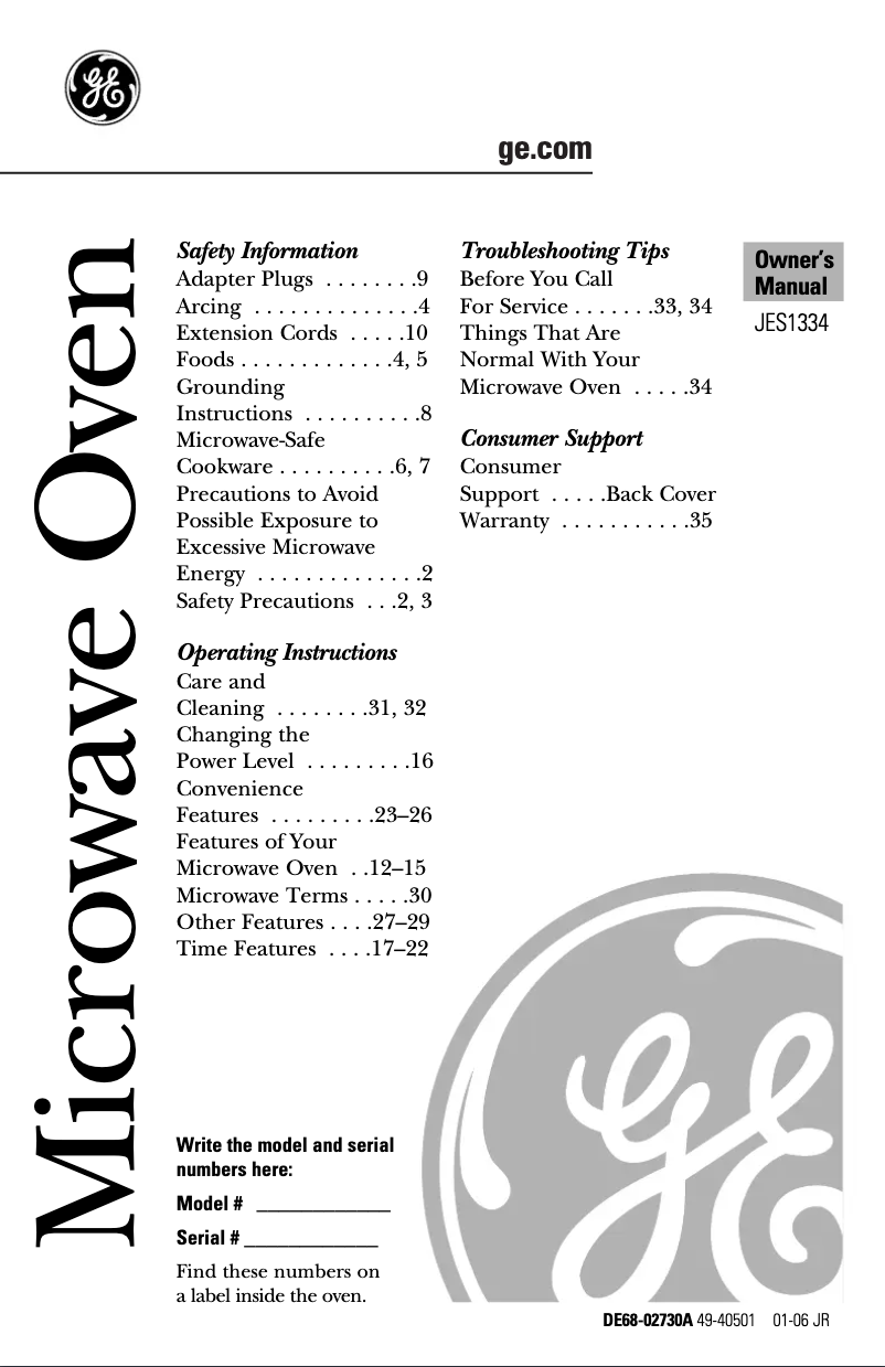 Page 1 de la notice Manuel d'utilisation et d'entretien GE JES1334WD