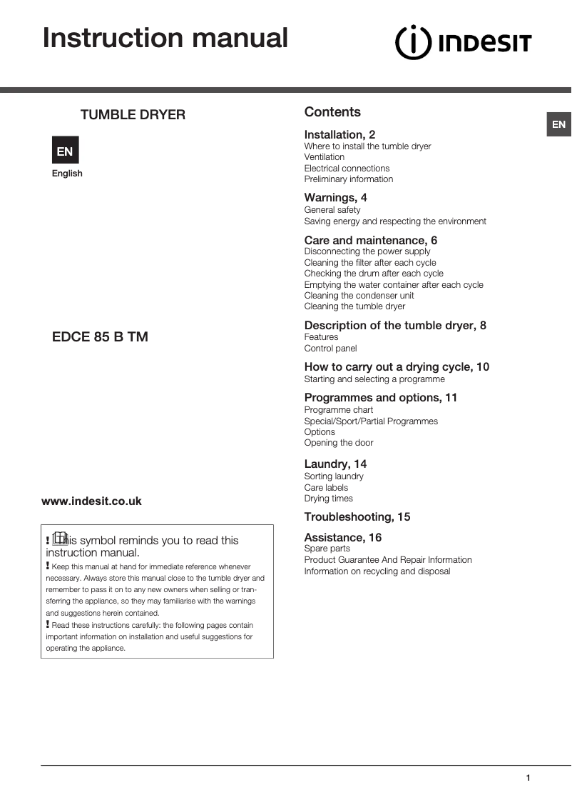 Page 1 de la notice Mode d'emploi Indesit EDCE 85 B TM (UK)