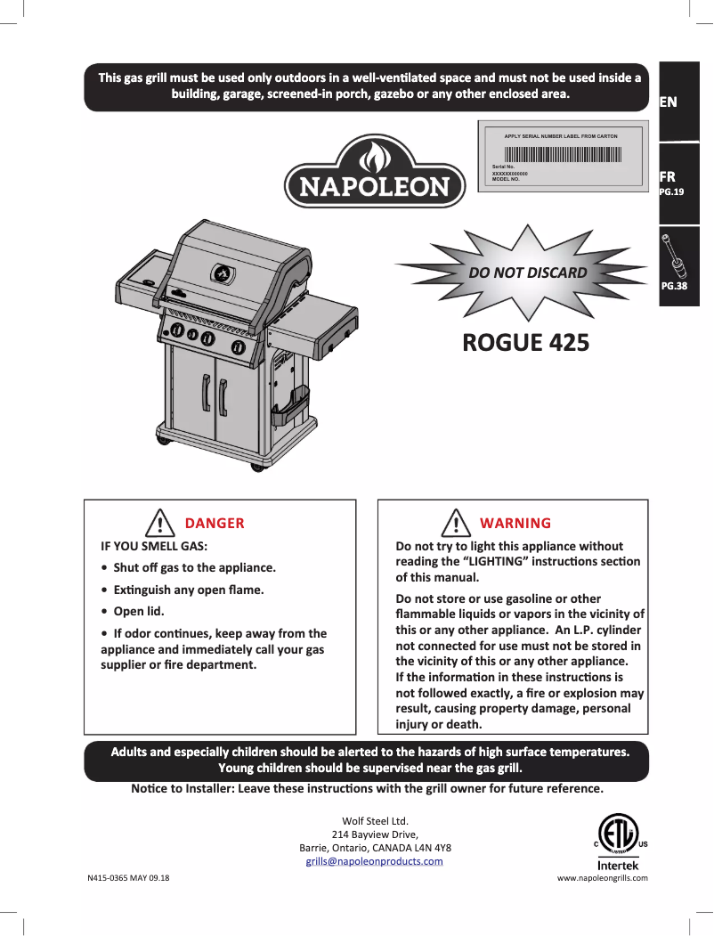 Page n°1 - Manuel utilisateur Napoleon Rogue 425 SIB