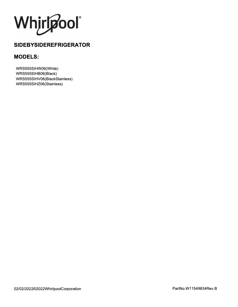 Page 1 de la notice Guide d'installation Whirlpool WRS555SIHZ