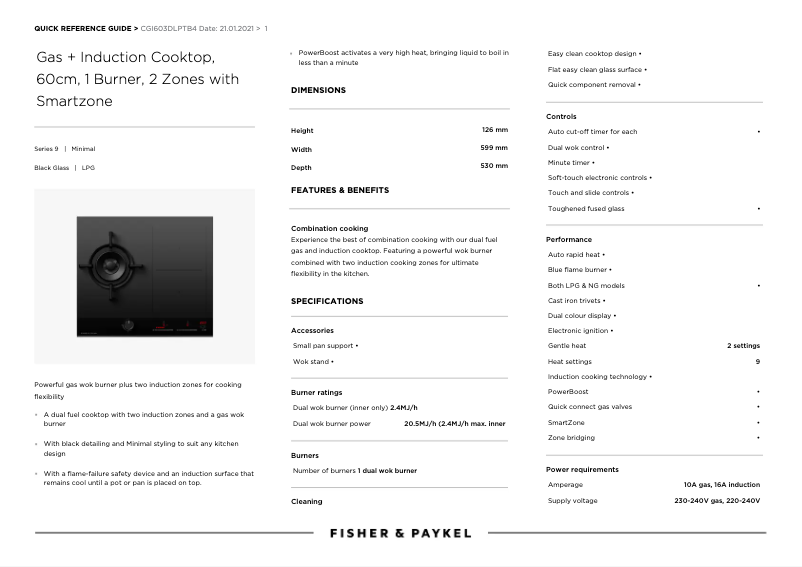 Page 1 de la notice Fiche technique Fisher & Paykel CGI603DLPTB4