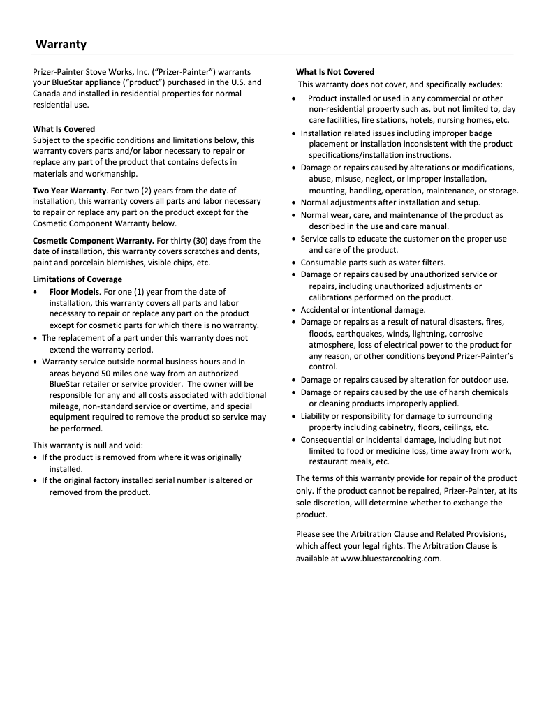 Page n°1 - Informations de garantie BlueStar FBFD361PMB