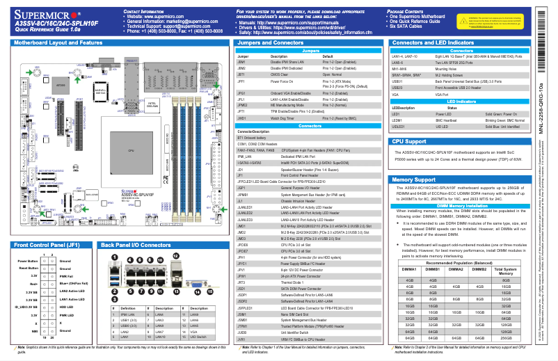 Page 1 de la notice Guide de démarrage rapide Supermicro A3SSV-16C-SPLN10F