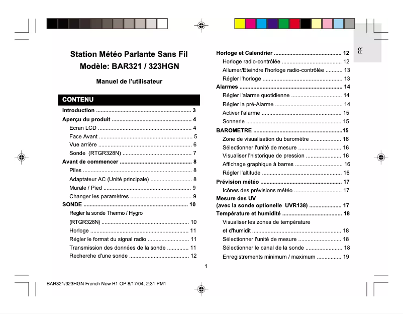 Page 1 de la notice Manuel utilisateur Oregon Scientific BAR321HGN