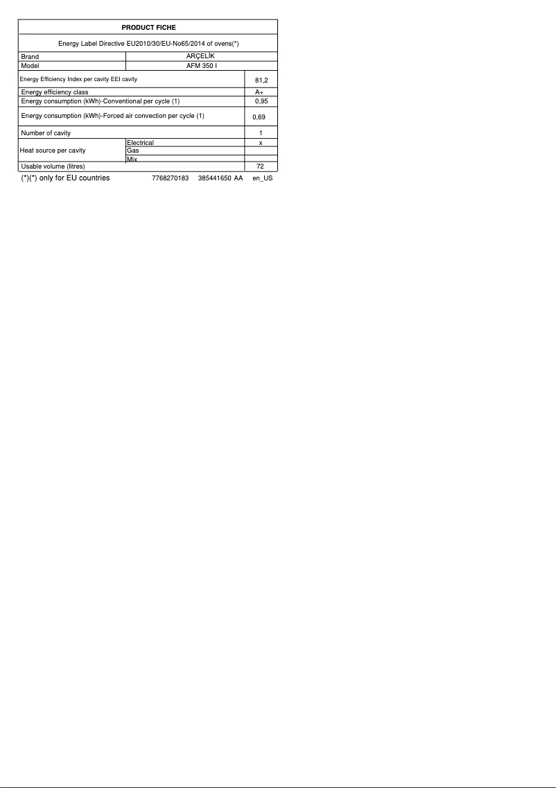 Page n°1 - Fiche technique Arçelik AFM 350 I