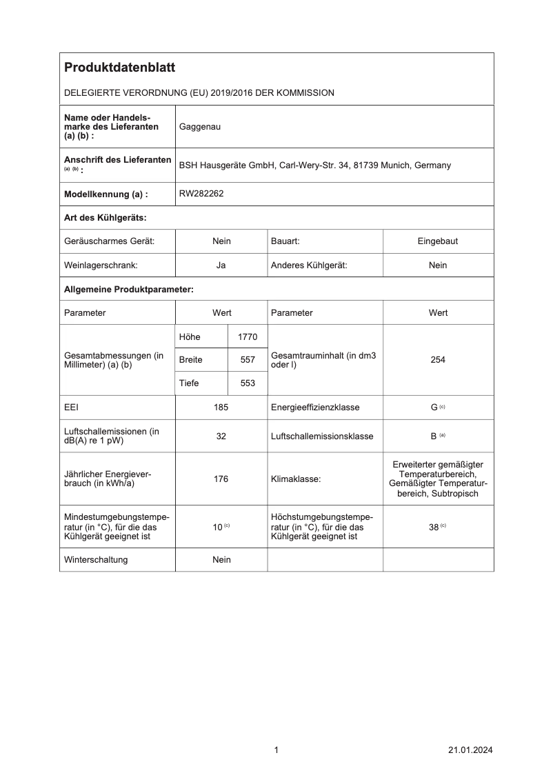 Page 1 de la notice Fiche technique Gaggenau RW282262