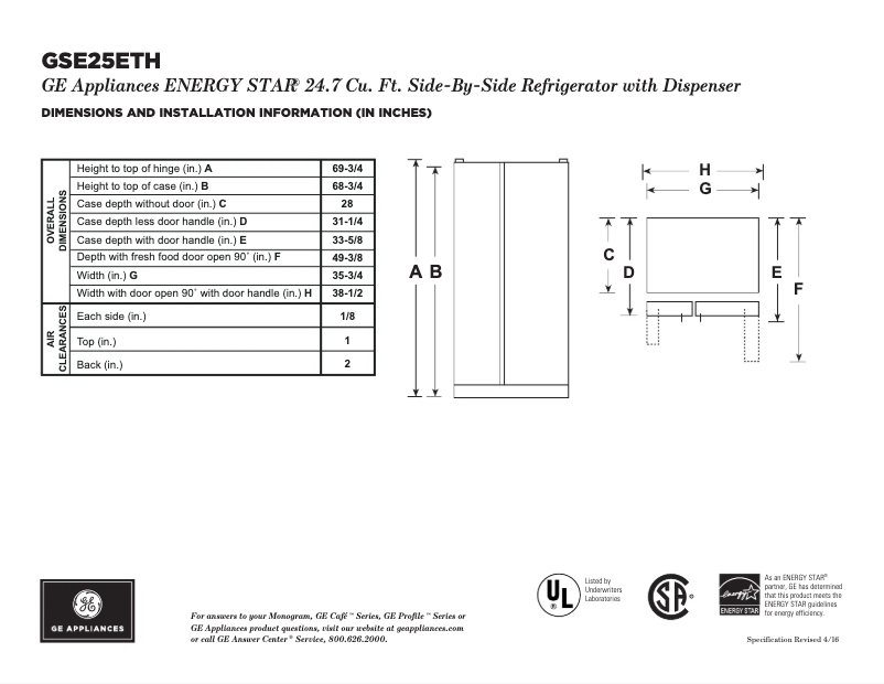 Page n°1 - Fiche technique GE GSE25ETHBB