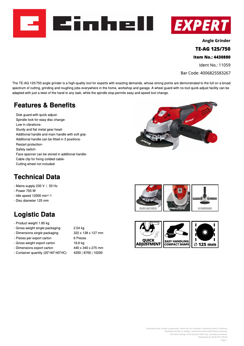 Page n°1 - Fiche technique Einhell TE-AG 125/750