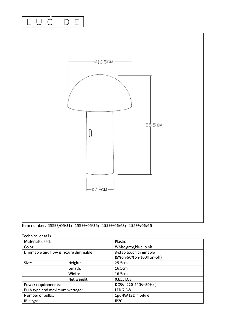 Page 1 de la notice Manuel utilisateur Lucide Fungo 15599/06/66