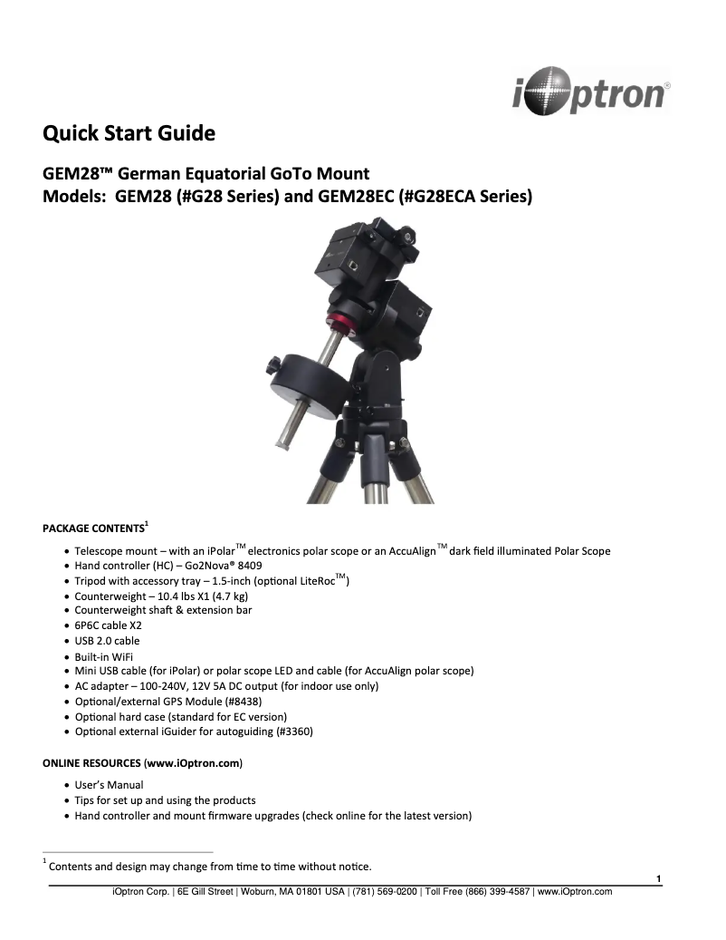 Page n°1 - Guide de démarrage rapide iOptron GEM28