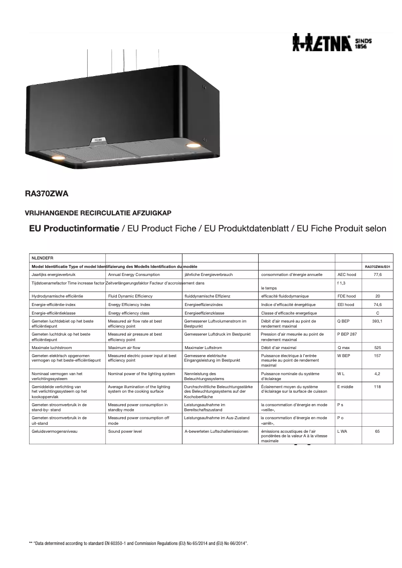 Page 1 de la notice Fiche technique Etna RA370ZWA