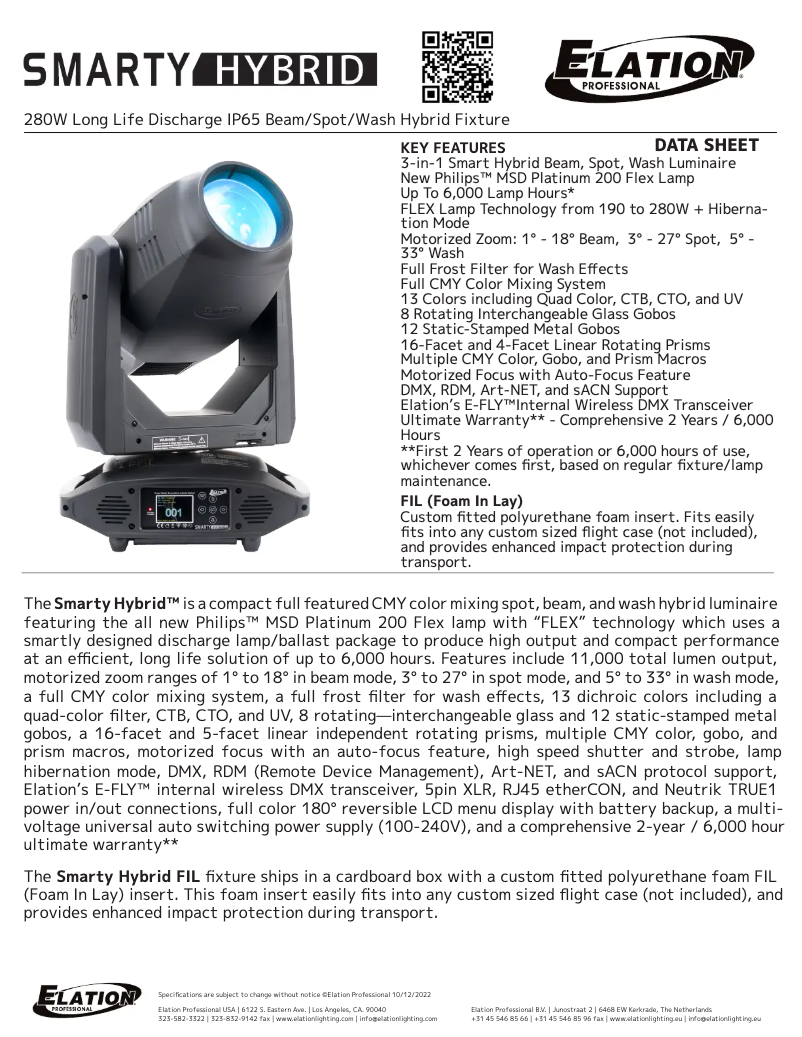 Page 1 de la notice Fiche technique Elation Smarty Hybrid