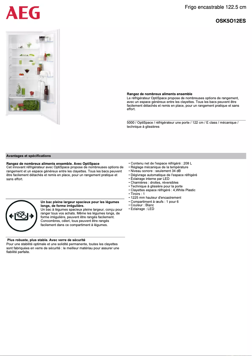 Page 1 de la notice Fiche technique AEG OSK5O12ES
