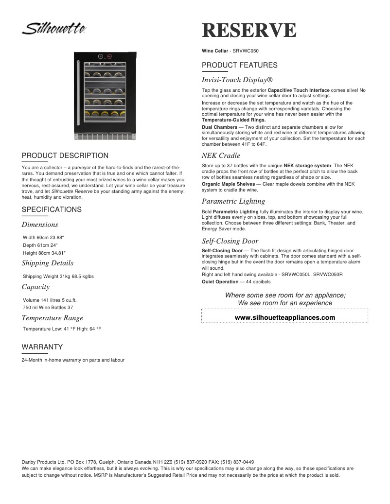 Page n°1 - Fiche technique Danby Silhouette SRVWC050L