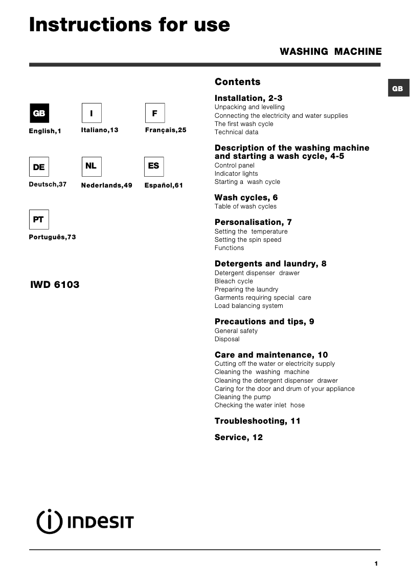 Page n°1 - Manuel utilisateur Indesit IWD 6103