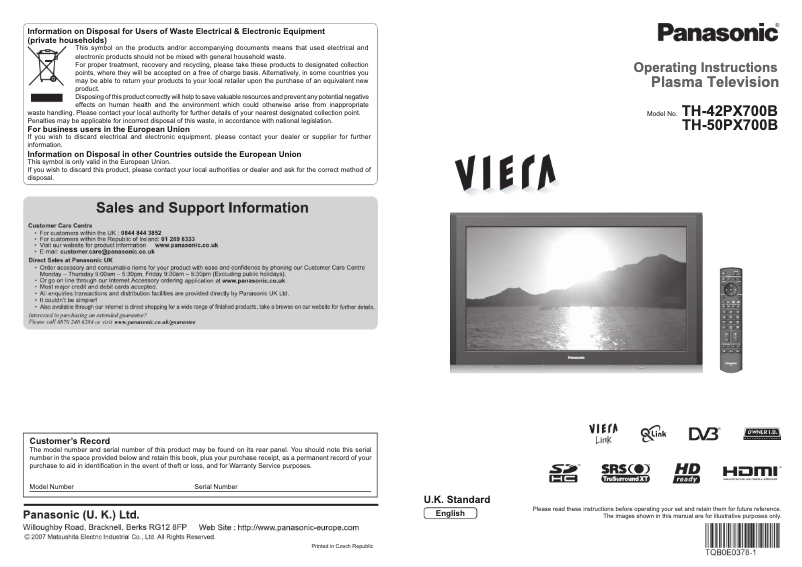 Page 1 de la notice Manuel utilisateur Panasonic Viera TH-42PX700B