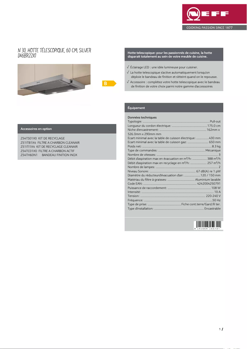 Page 1 de la notice Fiche technique Neff D46BR22X1