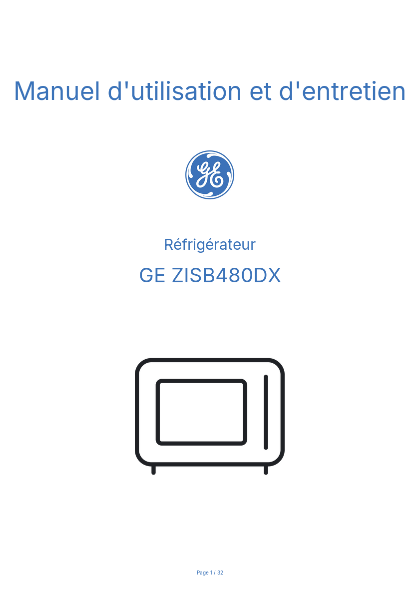 Page n°1 - Manuel d'utilisation et d'entretien GE ZISB480DX