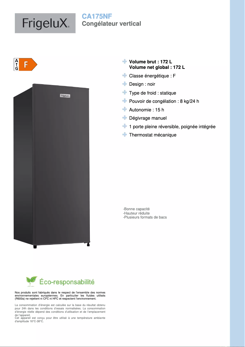 Page 1 de la notice Fiche technique FrigeluX CA175NF