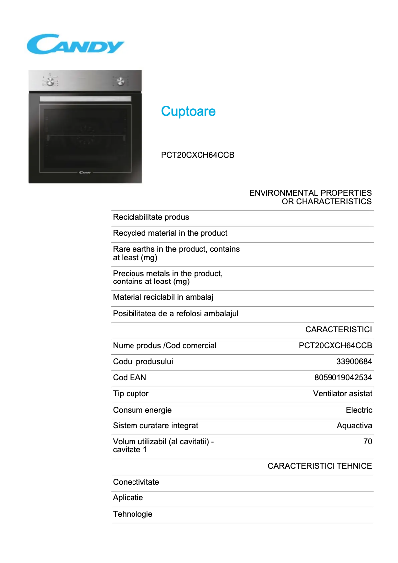 Page 1 de la notice Fiche technique Candy PCT20CXCH64CCB