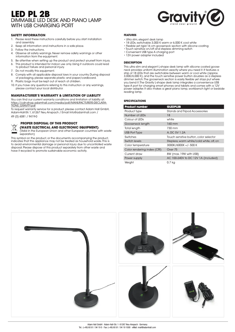 Page 1 de la notice Manuel utilisateur Gravity LED PL 2B