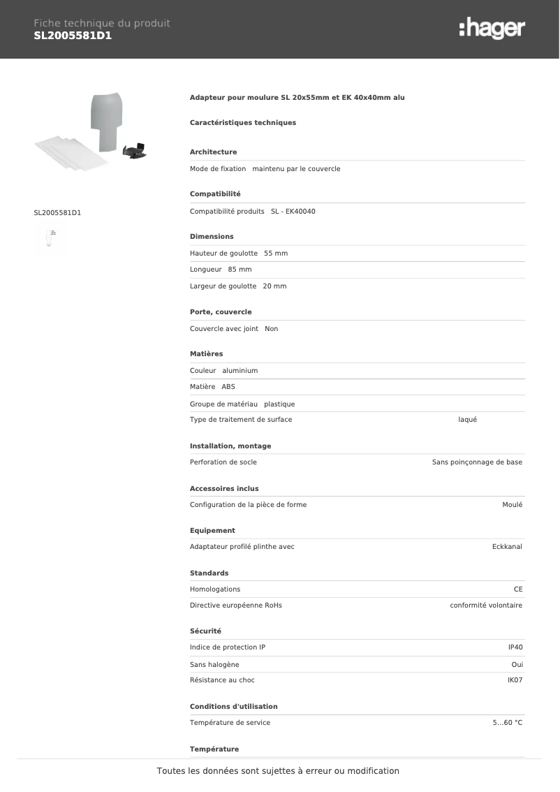 Page 1 de la notice Fiche technique Hager SL2005581D1