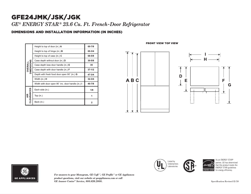 Page 1 of the manual Technical Sheet GE GFE24JBLTS