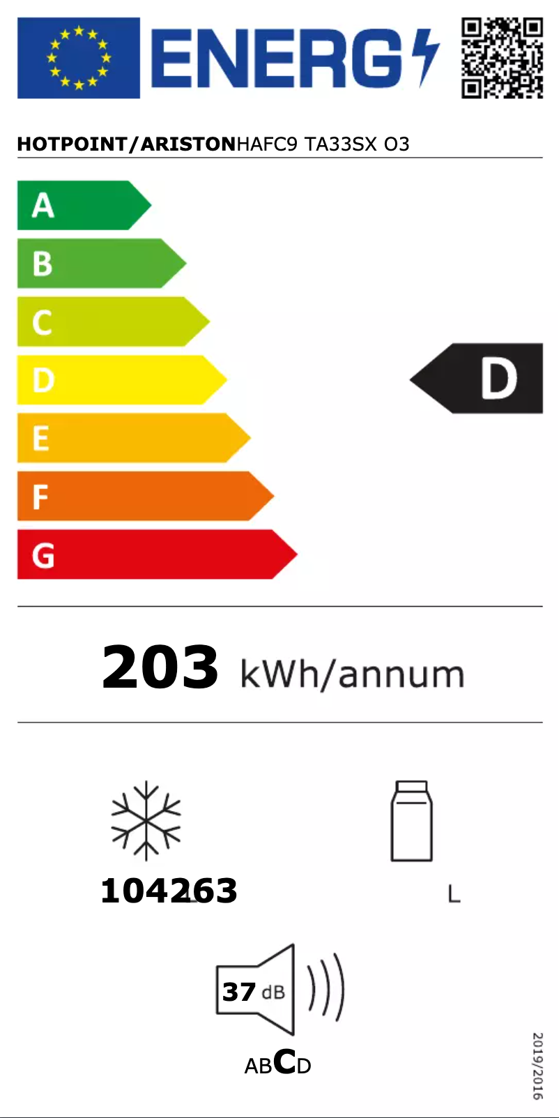 Page 1 de la notice Label énergétique Hotpoint HAFC9 TA33SX O3