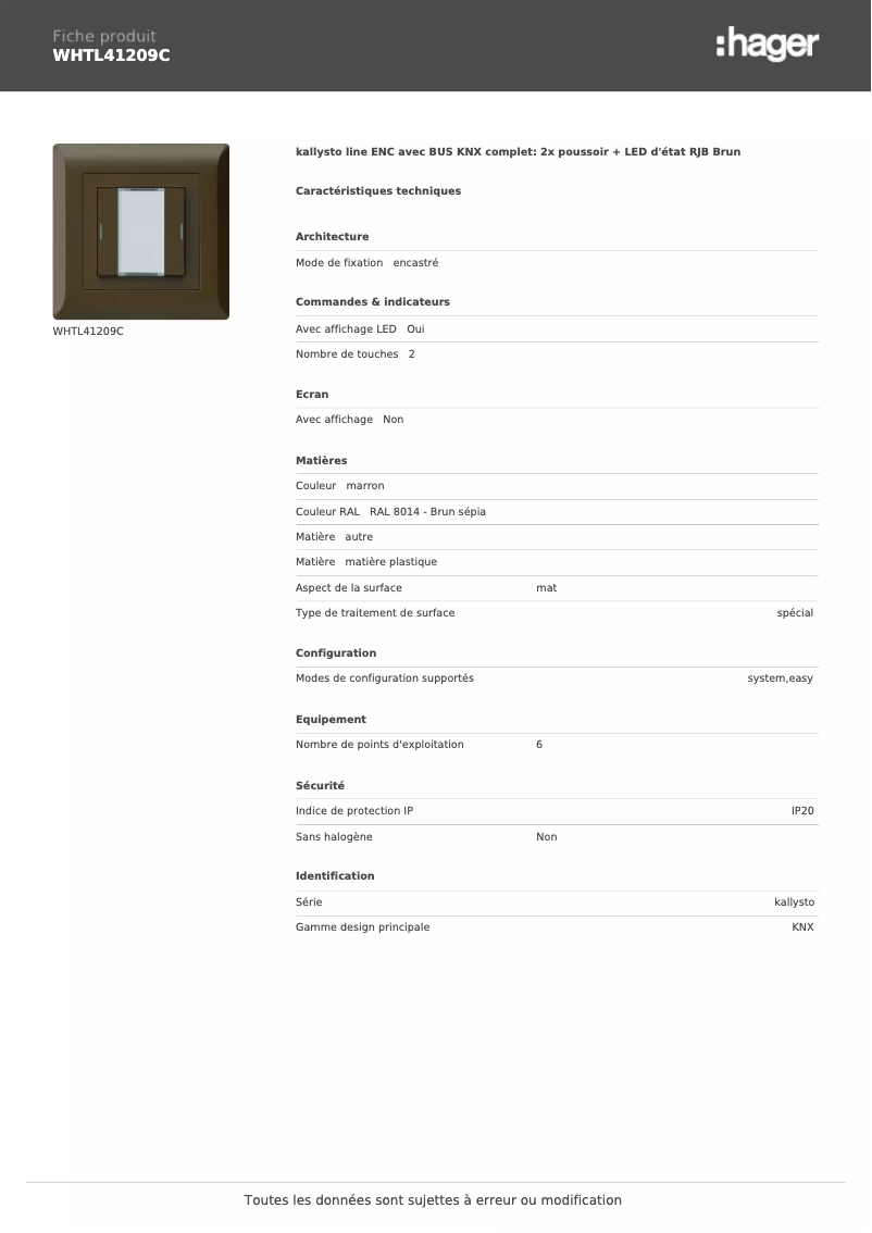 Page n°1 - Fiche technique Hager WHTL41209C