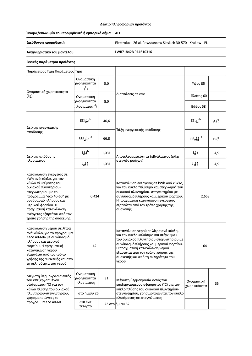 Page n°1 - Fiche technique AEG LWR71842B
