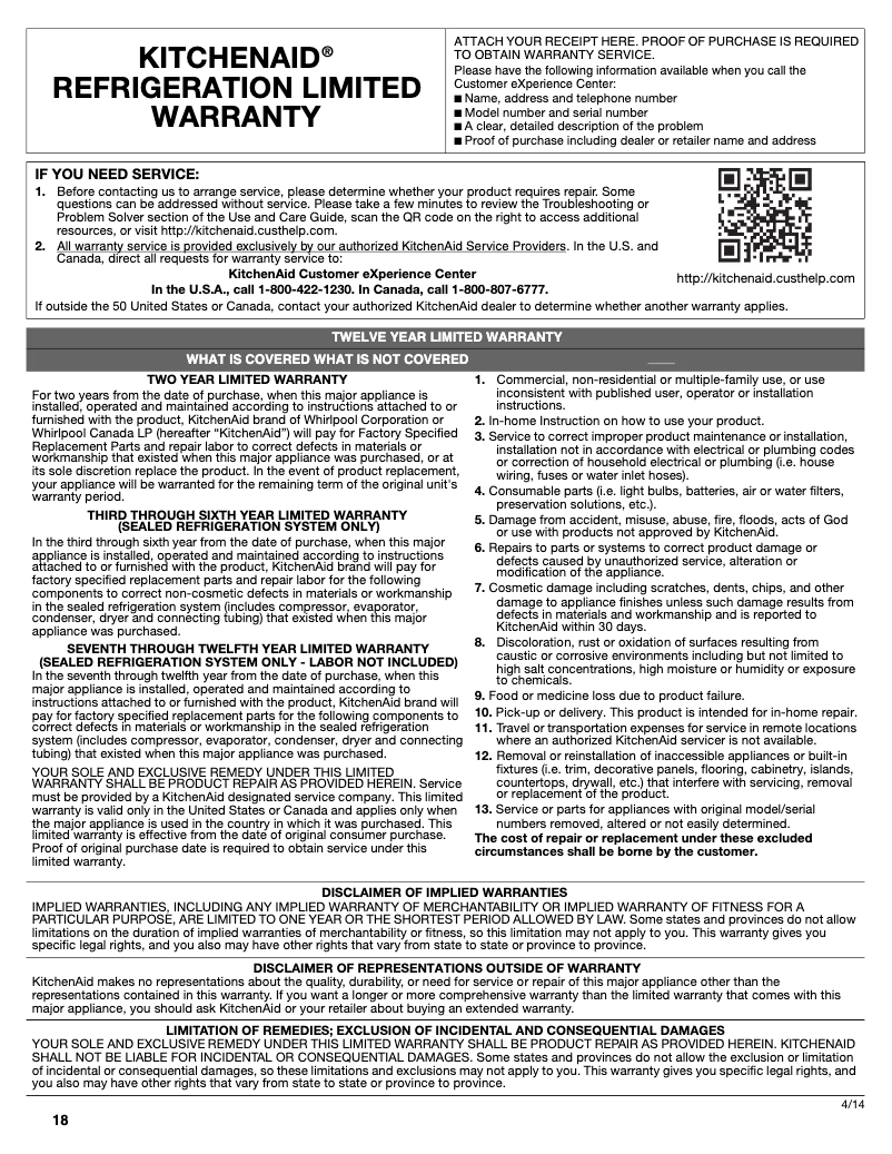 Page 1 de la notice Informations de garantie KitchenAid KBFN406EPA