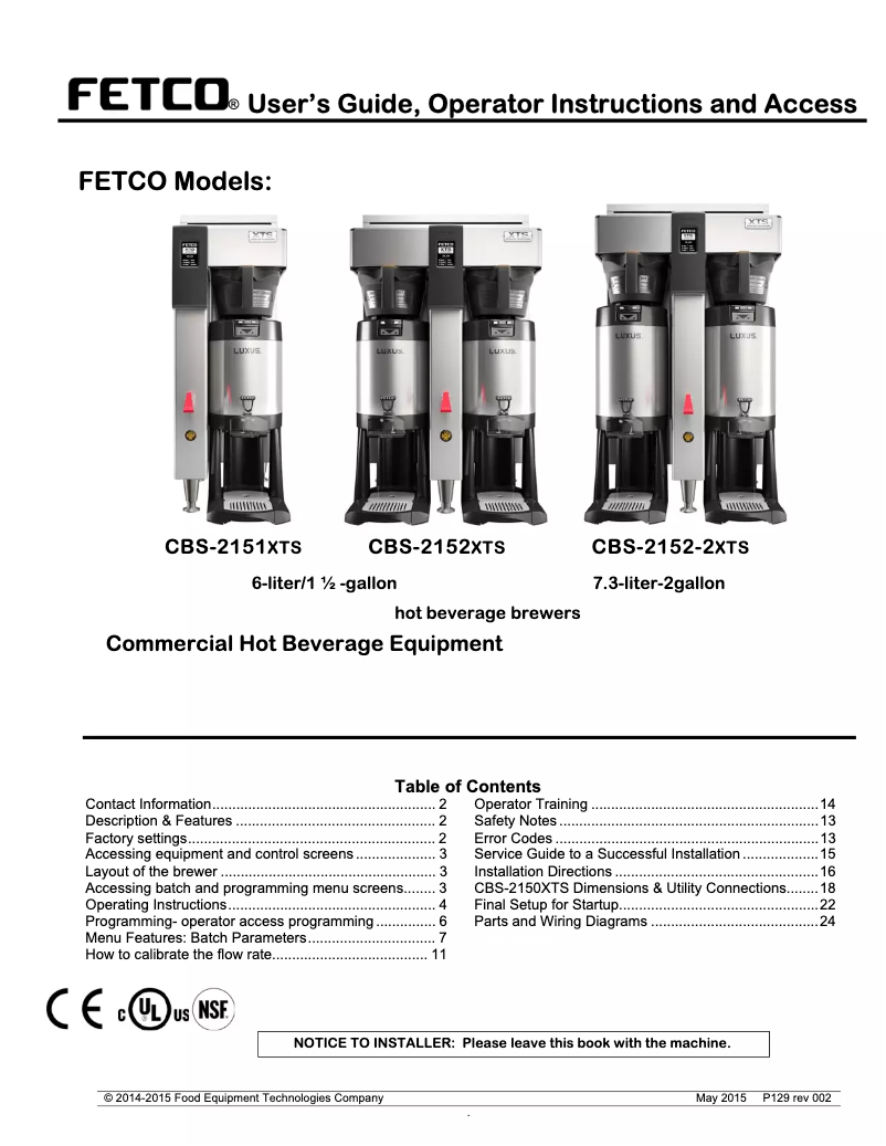 Page n°1 - Manuel utilisateur Fetco CBS-2152XTS2G