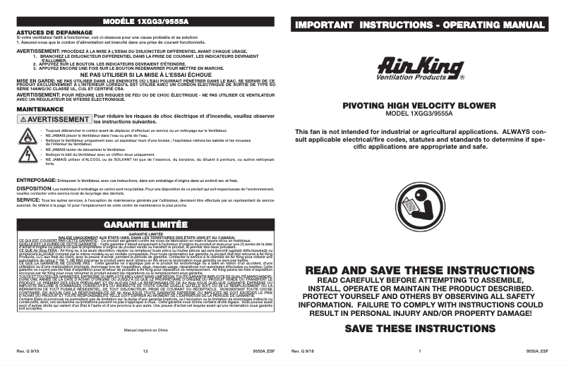 Page 1 de la notice Manuel utilisateur Air King 9555