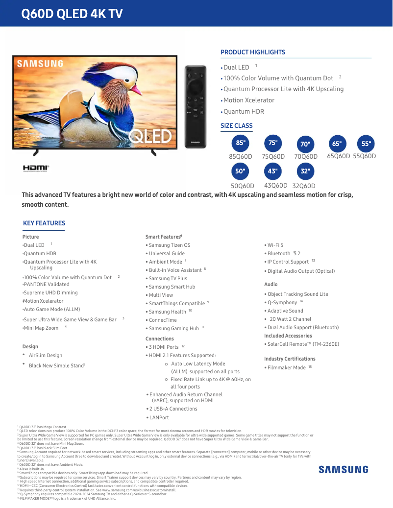 Page 1 de la notice Fiche technique Samsung QN75Q60DAF