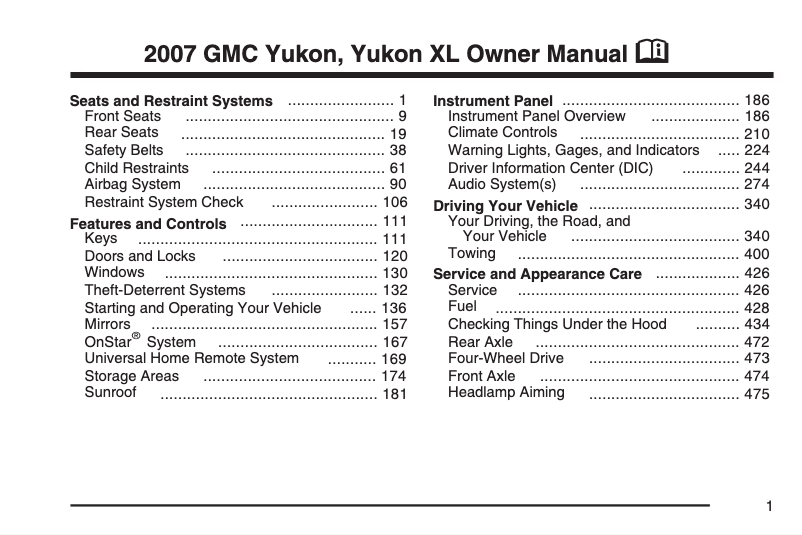 Page 1 de la notice Manuel utilisateur GMC Yukon XL (2001)