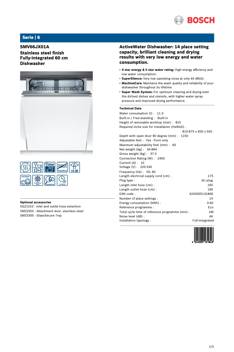 Página 1 del manual Ficha técnica Bosch SMV66JX01A