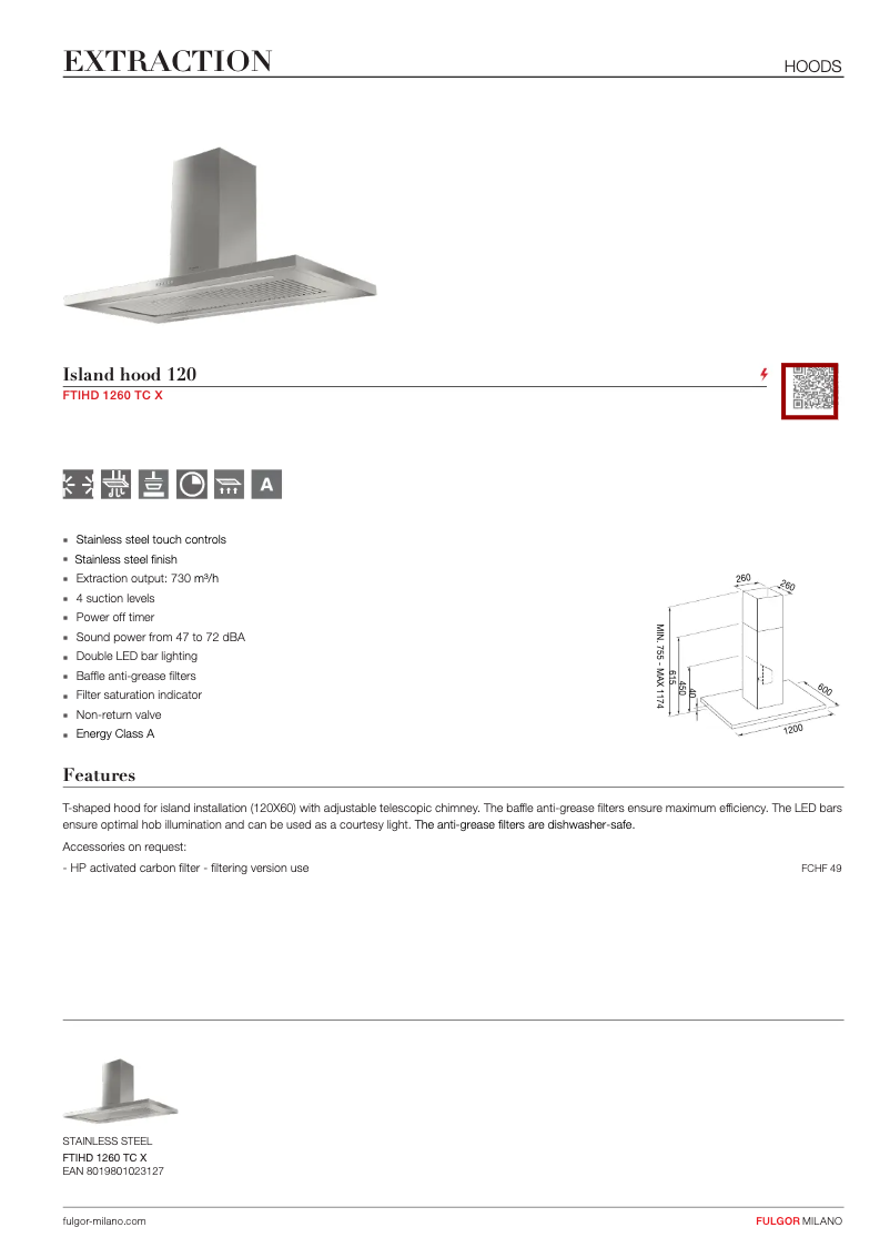 Page 1 de la notice Fiche technique Fulgor Milano FTIHD 1260 TC X
