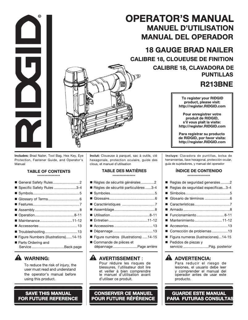 Page n°1 - Manuel utilisateur Ridgid R213BNF