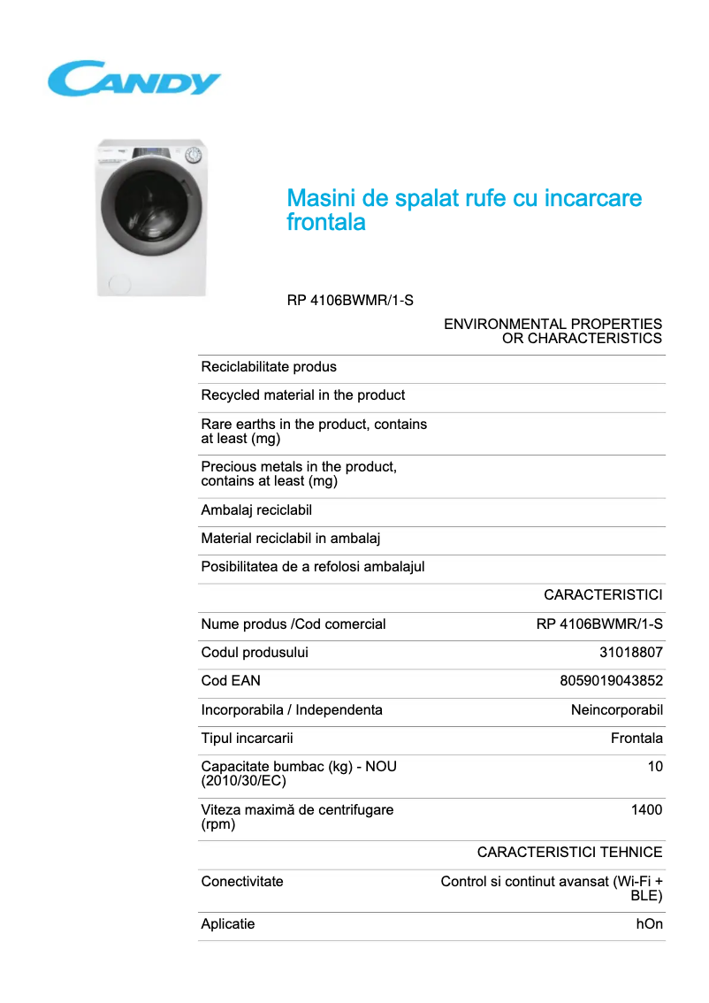 Page 1 de la notice Fiche technique Candy RP 4106BWMR/1-S