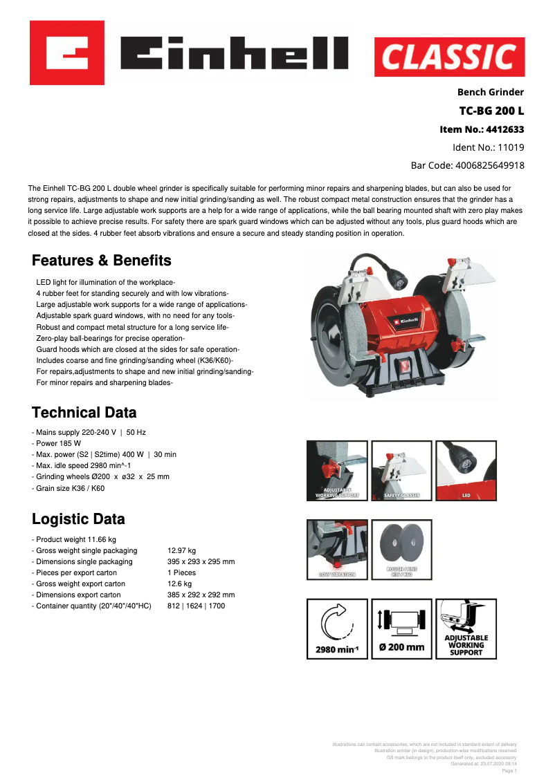 Page n°1 - Fiche technique Einhell TC-BG 200 L