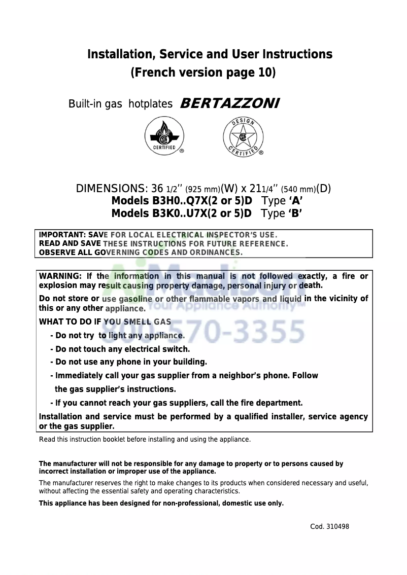 Page 1 de la notice Manuel utilisateur Bertazzoni QB36500XLP