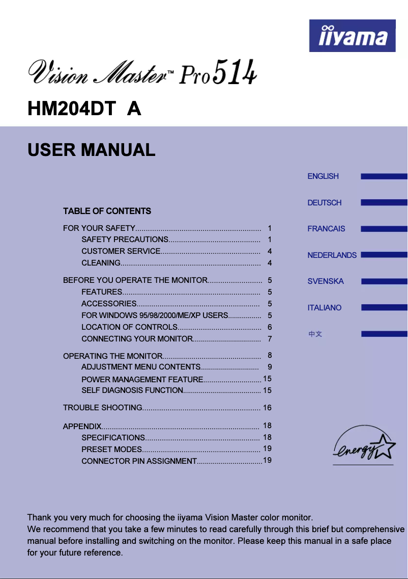 Page 1 de la notice Manuel utilisateur Iiyama Vision Master Pro 514