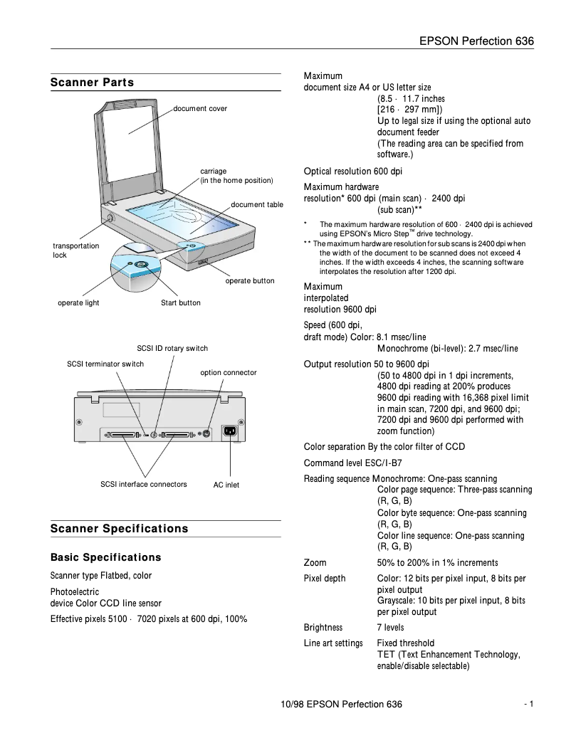 Página 1 del manual Ficha técnica Epson Perfection 636